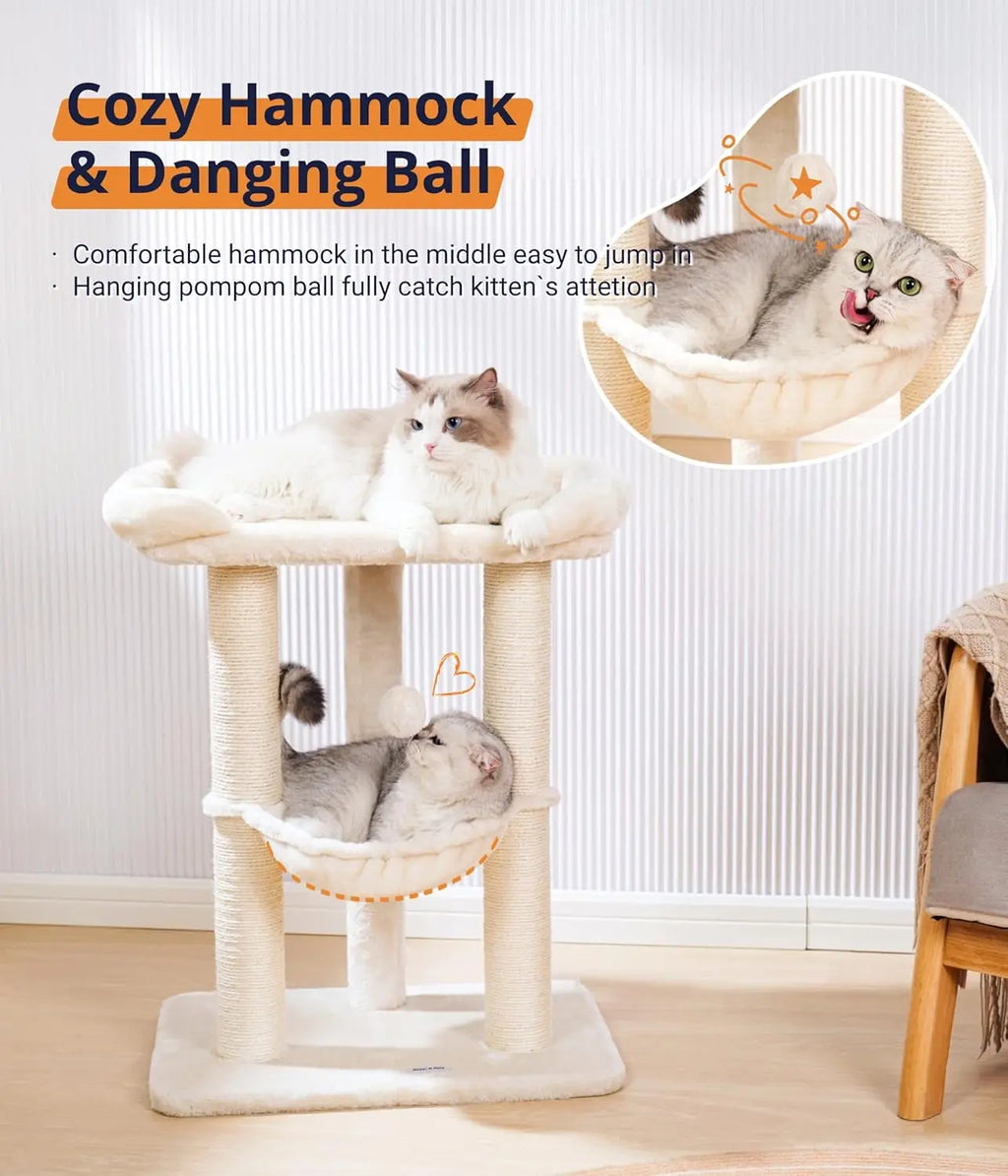 28in Cat Tree with Large Bed, Scratching Post & Hammock