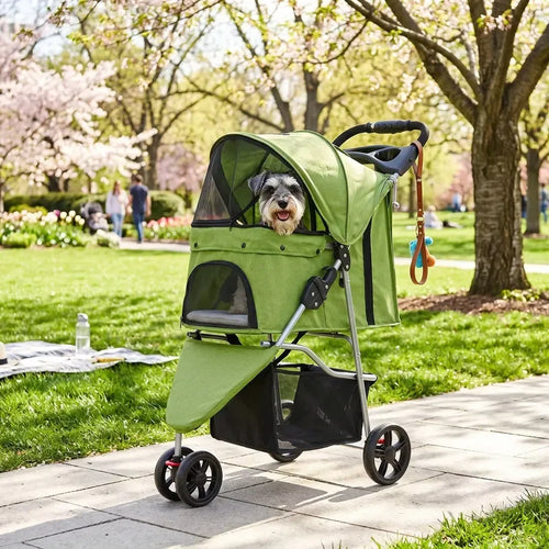 Pet Trolley Stroller Foldable 3 Wheel Green Fabric Zipper Closure Comfortable Portable For Cats Dogs Umbrella Hot Sale