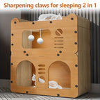Wooden Cat Scratcher House with Cardboard Lounge Bed