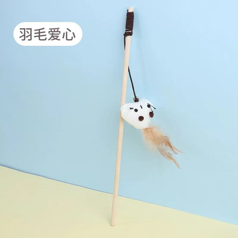Feather Wand Cat Teaser with Wood Handle — Interactive Wand Toy