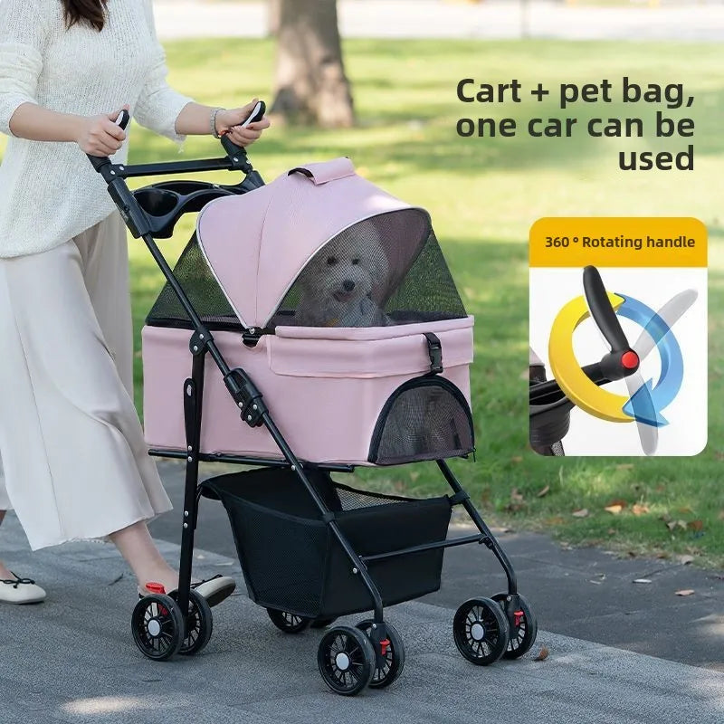 3-in-1 Folding Dog Stroller (4-Wheel, Detachable Carrier)