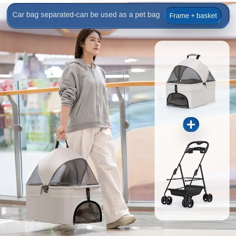 Ultra-Breathable Mesh One-Hand Folding Pet Stroller with Dual Zippered Doors & Detachable Carrier for Dogs & Cats