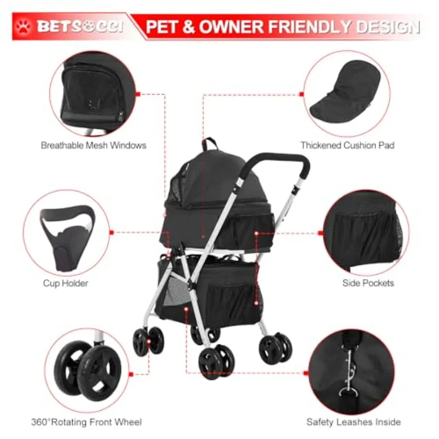 Double Pet Stroller with 2 Detachable Carriers for Small Dogs, Cats & Puppies