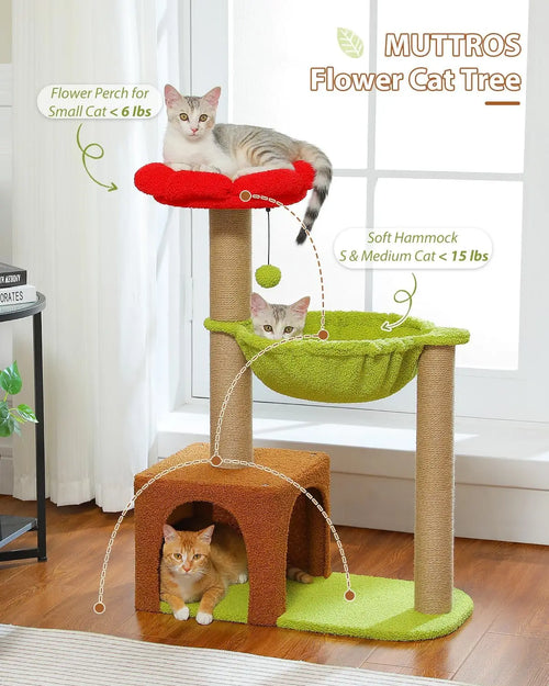 35in Cat Tree with Sisal Posts, Hammock & Flower Bed, Brown