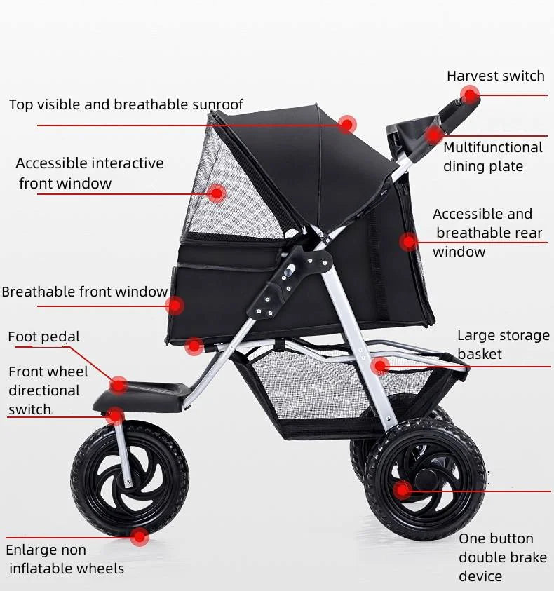 Waterproof Foldable 3-Wheel Pet Stroller with Removable Cage Carrier for Cats & Dogs