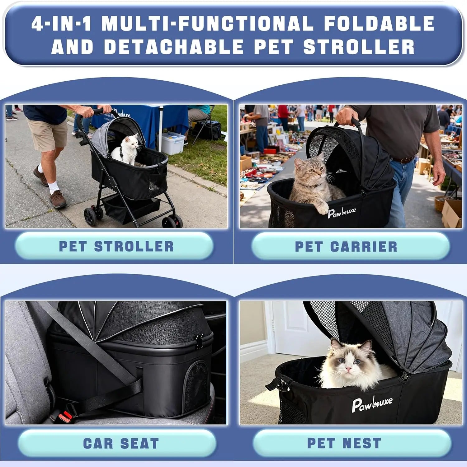 4-in-1 Easy-Fold Pet Stroller with Detachable Carrier for Dogs & Cats — Max 55 lbs