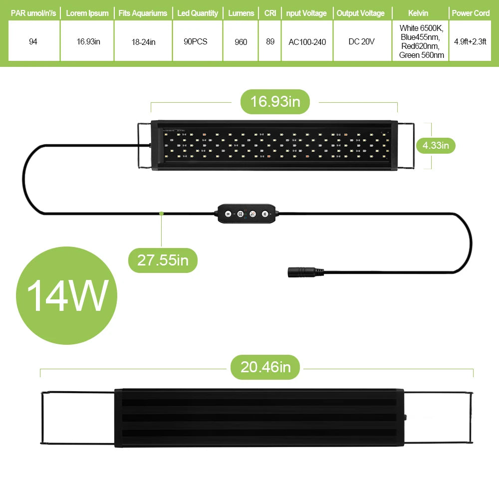 Dimmable Aquarium LED Light with Timer (30–60cm, Power-Off Memory, Plants)