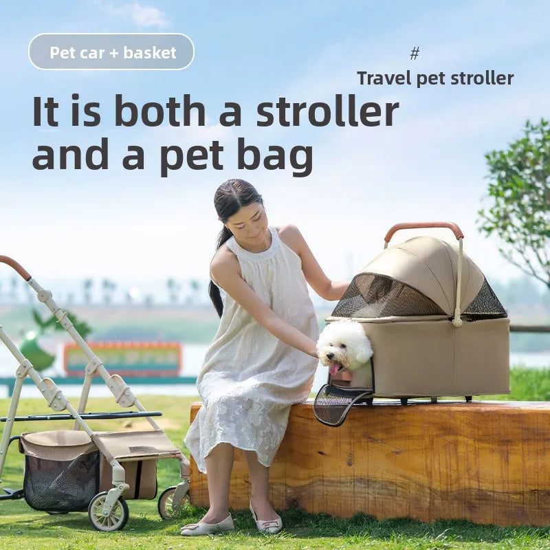 Large Foldable Pet Cart for Medium & Large Dogs & Cats — Separable Sunbathing Outdoor Cart with Wide Cabin