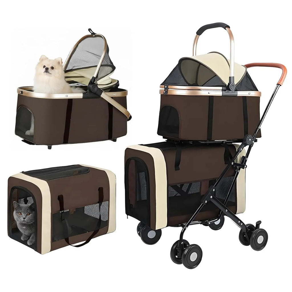 Double Pet Stroller for 2 Dogs & Cats — Foldable Travel Carriage with Detachable Carriers, Safety Belts & 4 Lockable Wheels