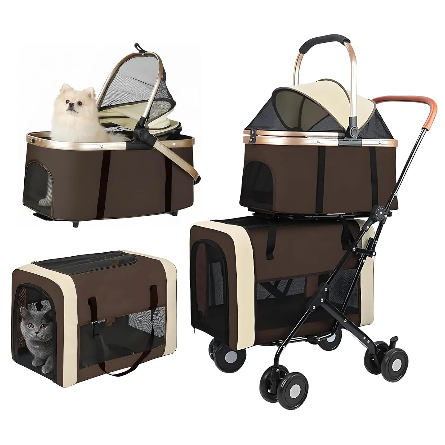 Double Pet Stroller for 2 Dogs & Cats — Foldable Travel Carriage with Detachable Carriers, Safety Belts & 4 Lockable Wheels