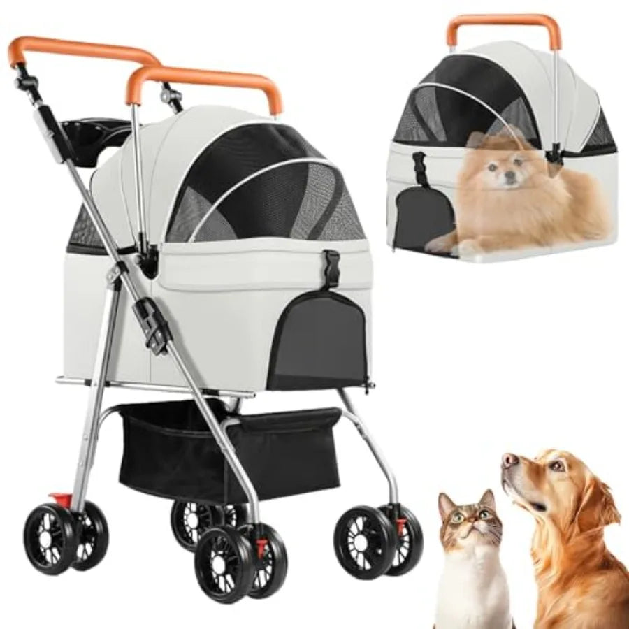 3-in-1 Multifunction 4-Wheel Folding Dog Stroller with Detachable Carrier