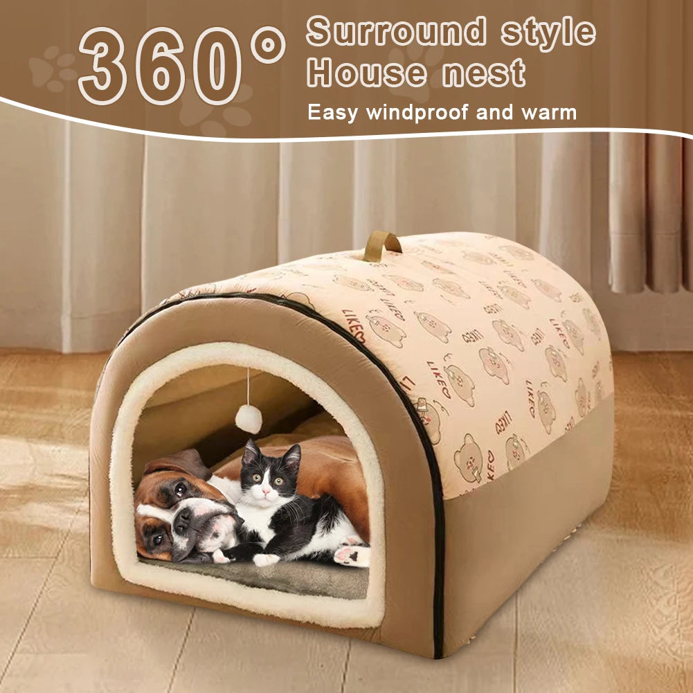 Detachable Winter Pet House — Warm Castle Bed with Washable Plush Mat