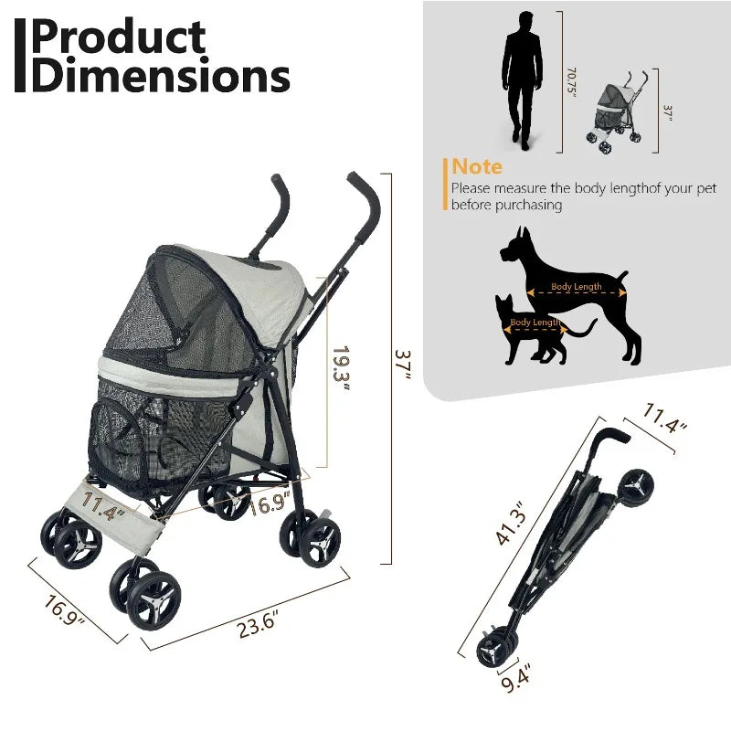 4-Wheel Foldable Pet Stroller for Teacup Poodles, Cats & Small Dogs — Lightweight Outdoor Travel Cart