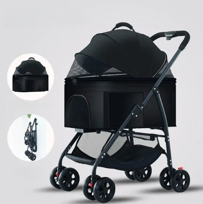 Portable Lightweight Foldable Pet Stroller with Detachable Cat Basket