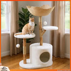 Modern Wood Cat Tree with Wicker Condo & Scratching Post