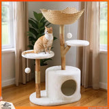 Modern Wood Cat Tree with Wicker Condo & Scratching Post