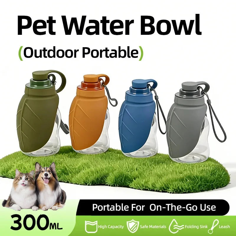 Foldable Dog Water Bottle (300ml, Silicone, Leaf Design, Outdoor)