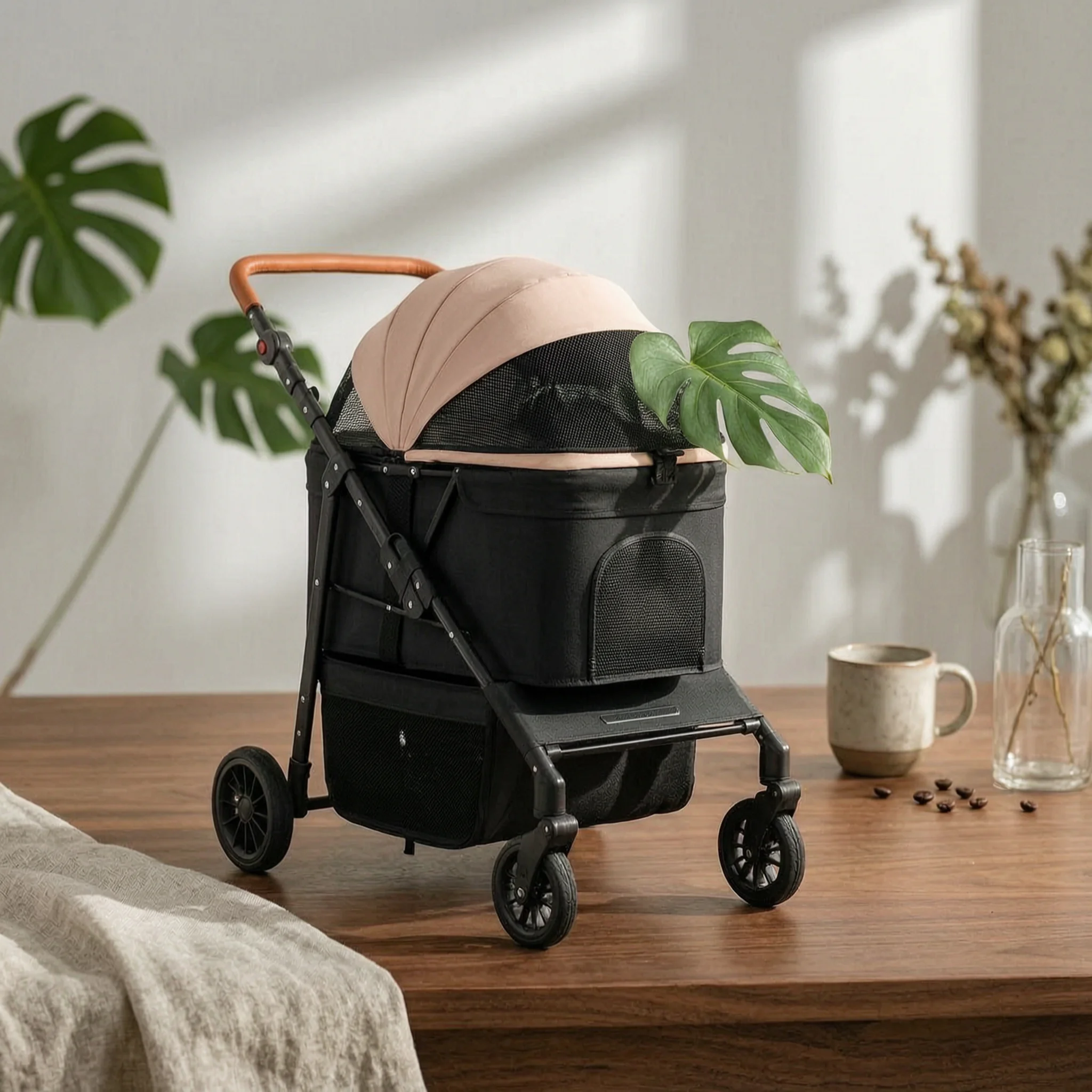 Foldable Large Dog Wagon Stroller with Adjustable Handle & Mesh Windows