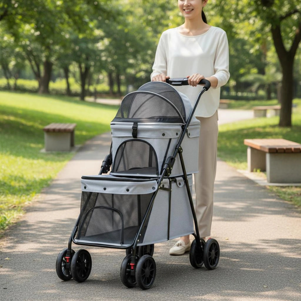 Double-Deck Dog & Cat Stroller with Large-Space Cabin — Easy-Fold Double Layer Outdoor Pet Stroller