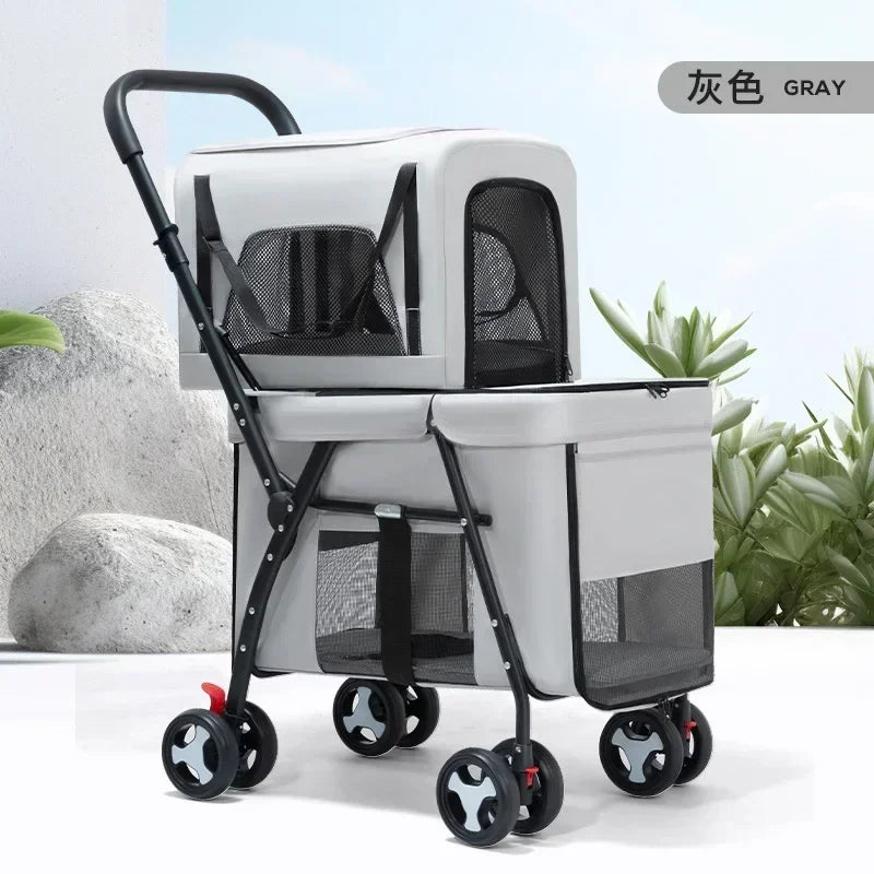 Multifunctional Double-Layer Pet Cart Lightweight and Foldable Pet Outdoor Travel Stroller Ventilated and Breathable Dog Cart