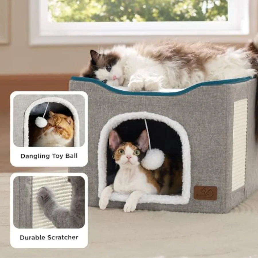 Foldable Cat Cave with Hanging Ball & Scratch Pad, 16.5in