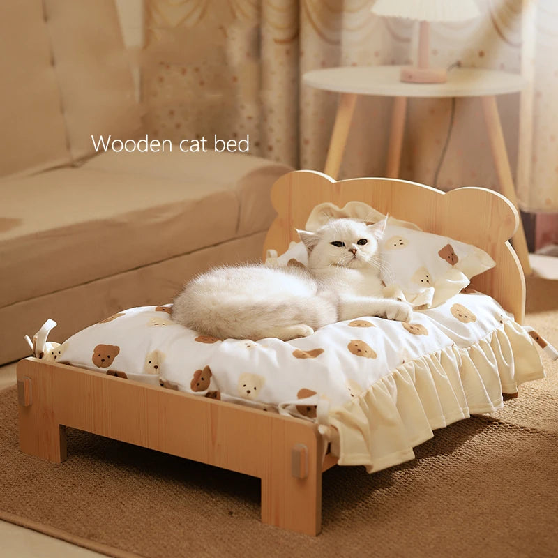 Wooden Pet Bed with Teddy Bear Pattern, 20x11in