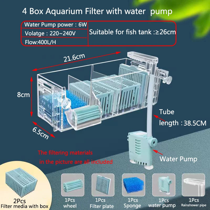 Wall-Mounted Waterfall Aquarium Filter Box (Silent, Built-In, Back Filter)