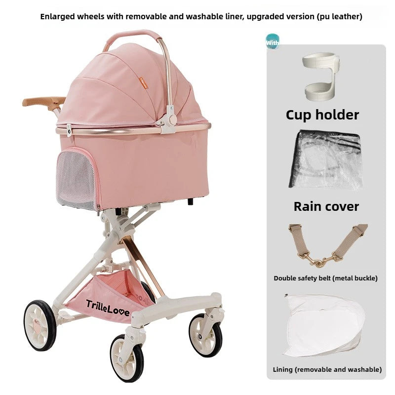 Luxury PU Leather Foldable Pet Stroller with Car Pet Basket — Lightweight Outdoor Carrier for Cats & Dogs