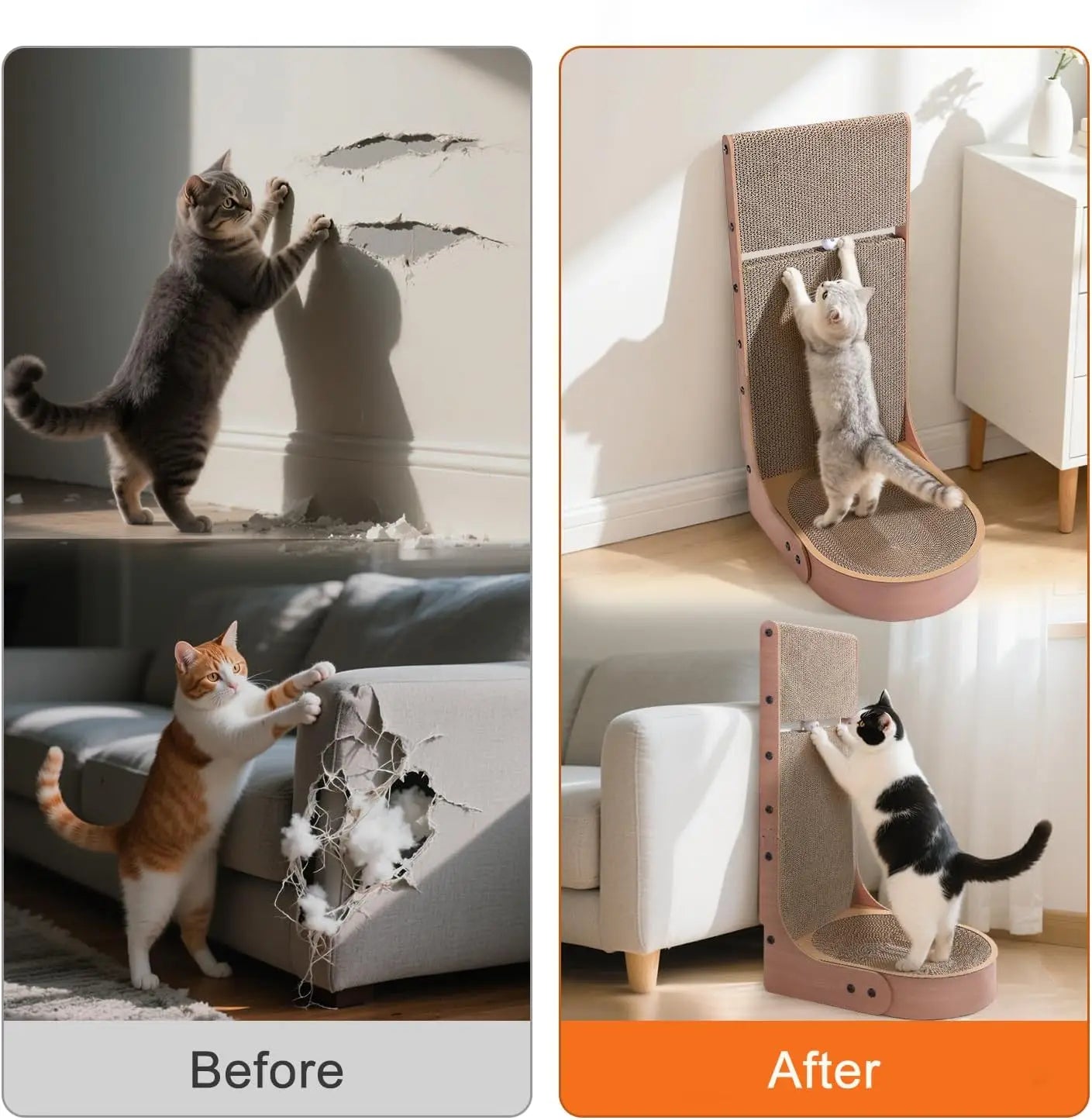 L-Shape Cat Scratcher with Bed & Toy Balls (26.8in)