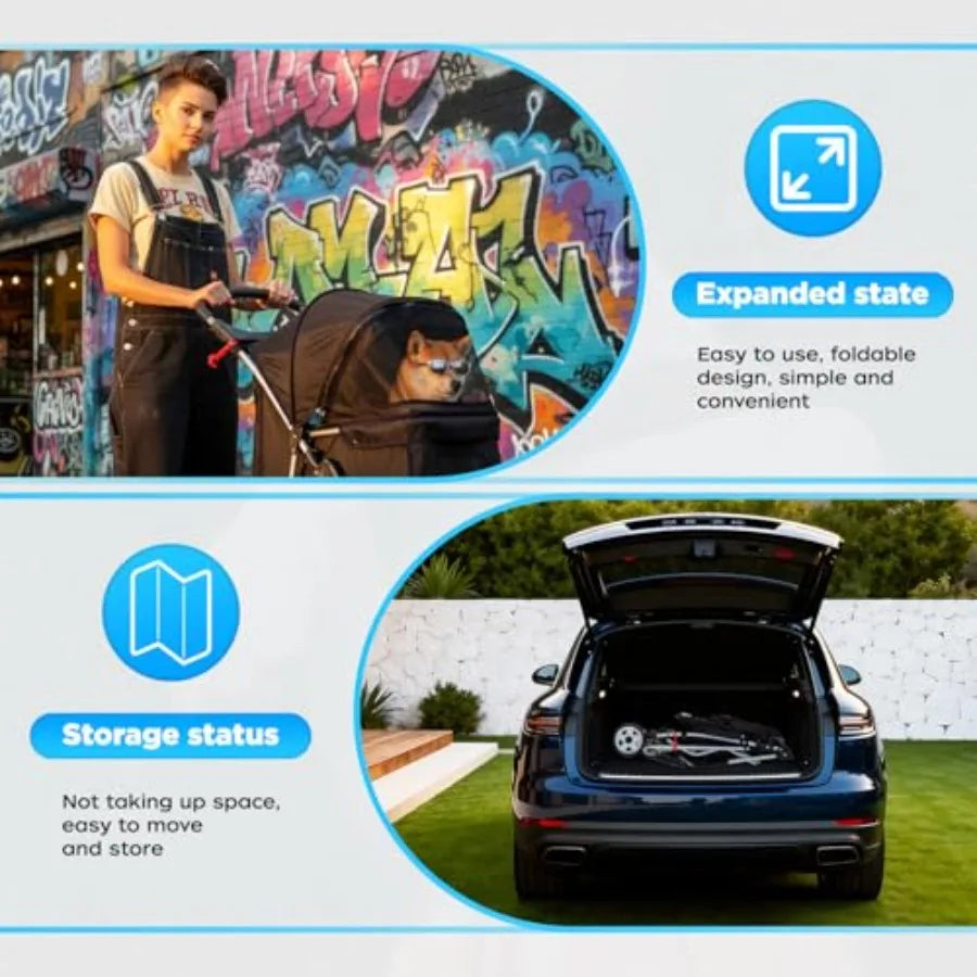 3-Wheel Foldable Pet Stroller with Cup Holder for Small & Medium Dogs & Cats — Lightweight Travel Carrier