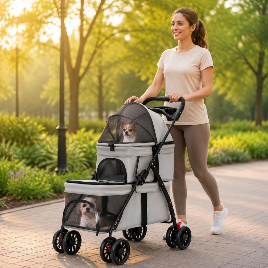 Double-Deck Lightweight Pet Stroller with Lockable Wheels & Removable Liner for Dogs & Cats — Travel Carrier