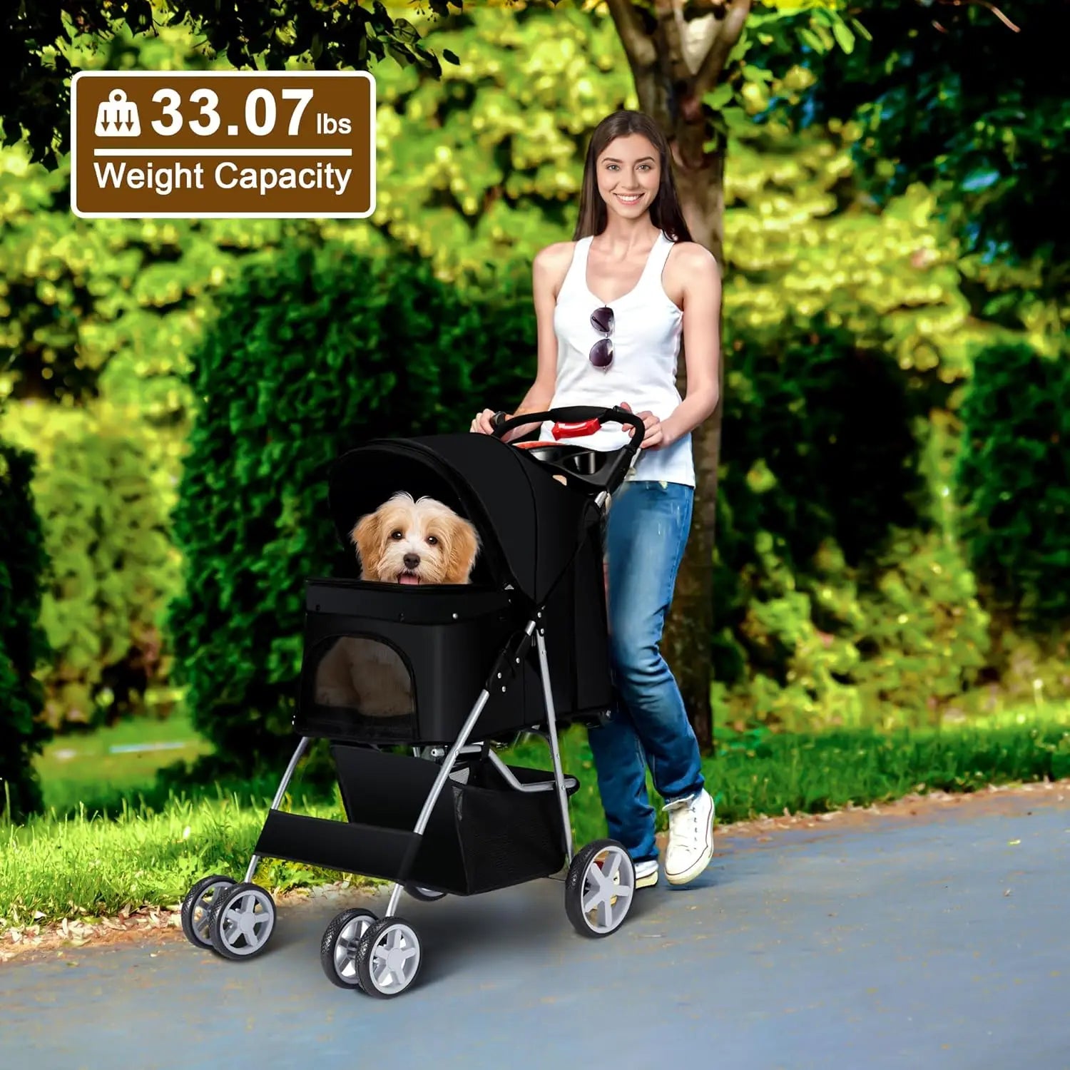 4-Wheel Pet Stroller for Small Dogs & Cats with Breathable Mesh, Cup Holder & Storage Basket — Black