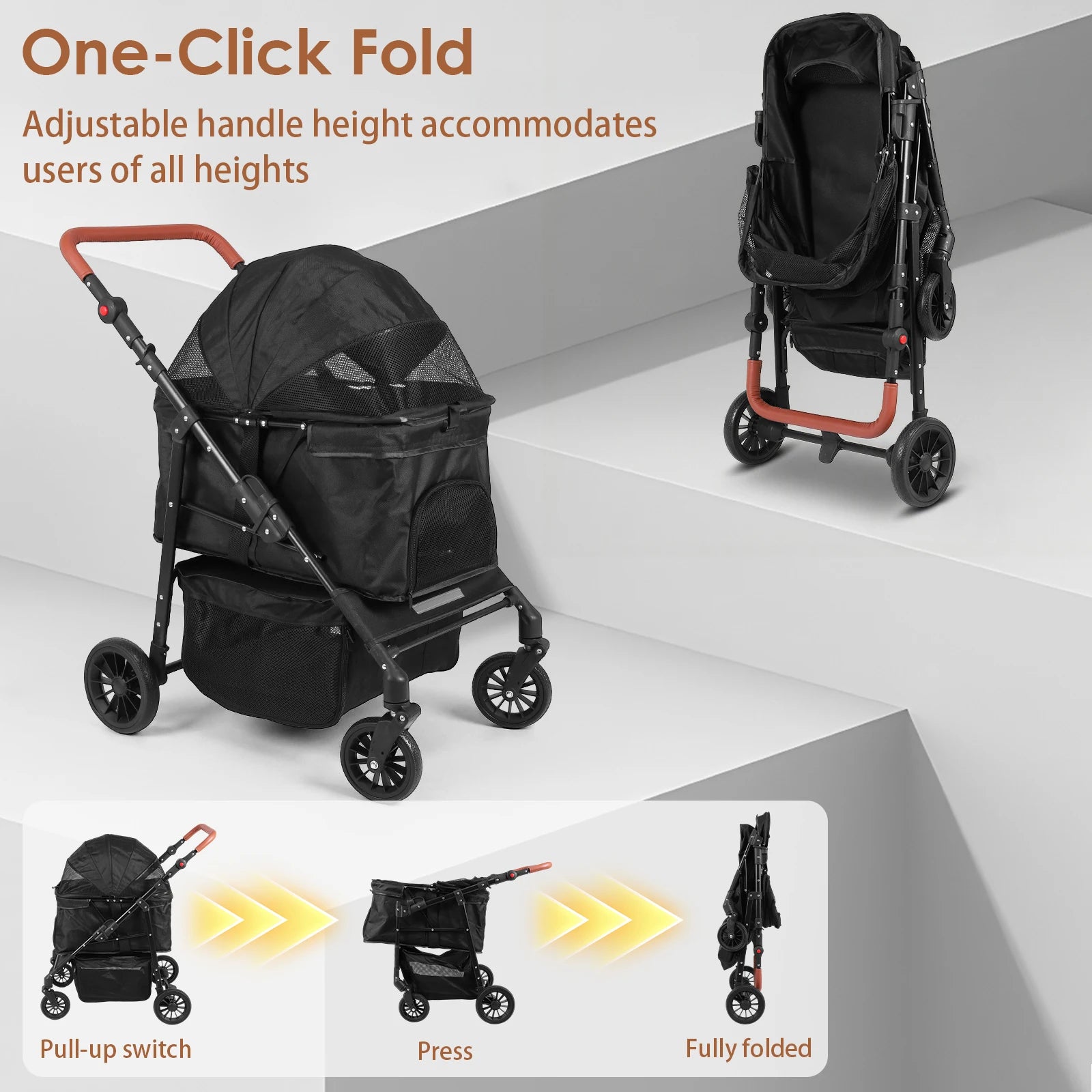 Foldable Pet Jogger Stroller with Reflective Strip & Adjustable Handle — Max 33 lbs
