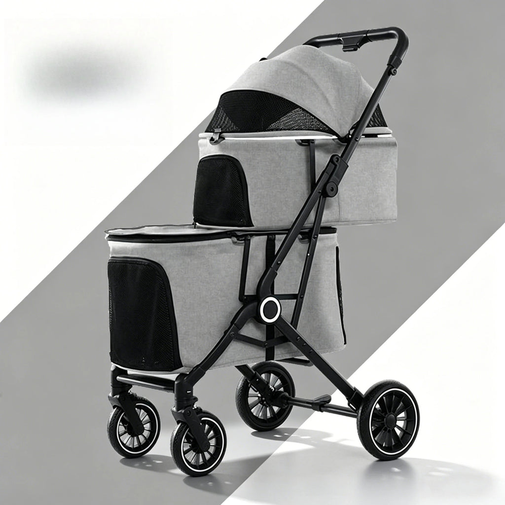 Foldable Double Pet Stroller for Medium Dogs & Cats — 4 Lockable Wheels, Safety Belts, Multi-Pet Carriage