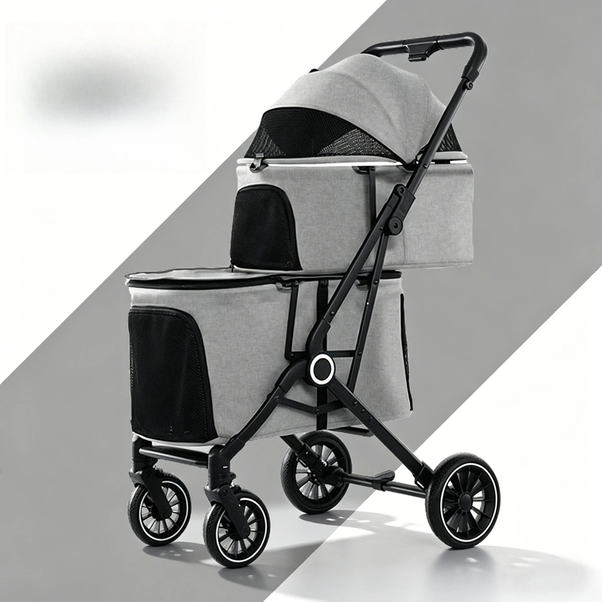 Foldable Double Pet Stroller for Medium Dogs & Cats — 4 Lockable Wheels, Safety Belts, Multi-Pet Carriage