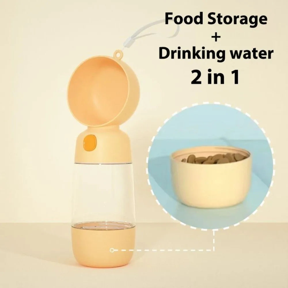 2-in-1 Pet Water Bottle with Food Container (Transparent, Easy Clean)