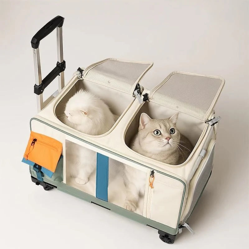 Extra-Large 2-Cat Foldable Breathable Pet Stroller with Backpack & Trolley Modes