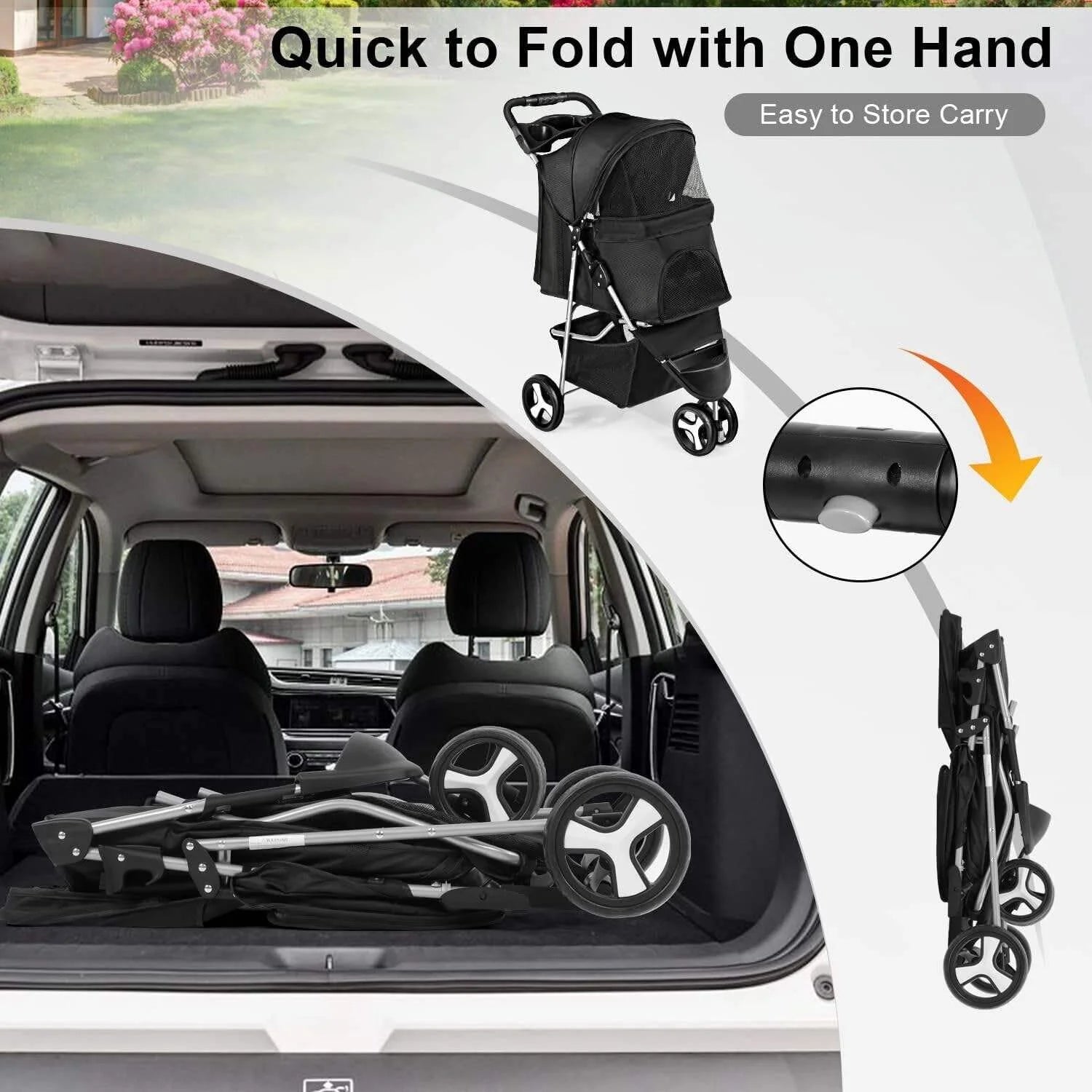 Waterproof Foldable 3-Wheel Pet Stroller with Removable Cage Carrier for Cats & Dogs