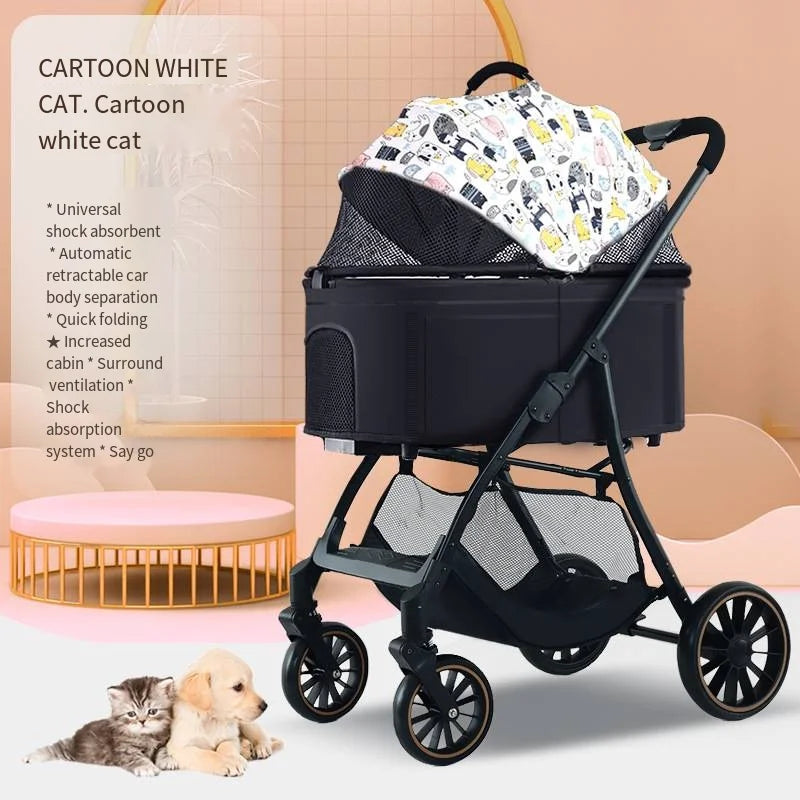 2026 Lightweight Foldable Pet Stroller with Detachable Small Cart for Dogs & Cats