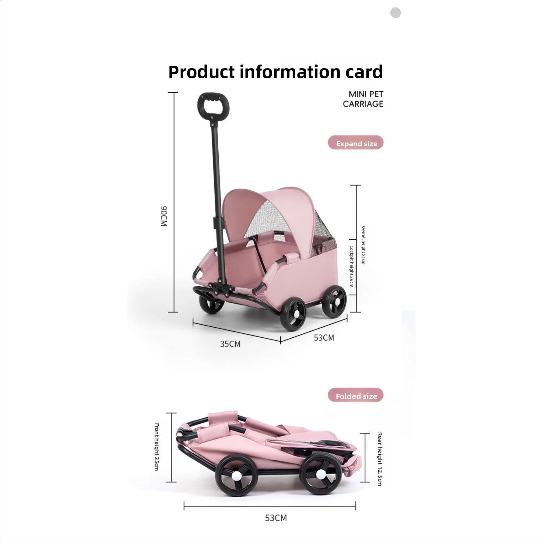Foldable Hand Pushchair Stroller for Small Dogs, Cats & Puppies