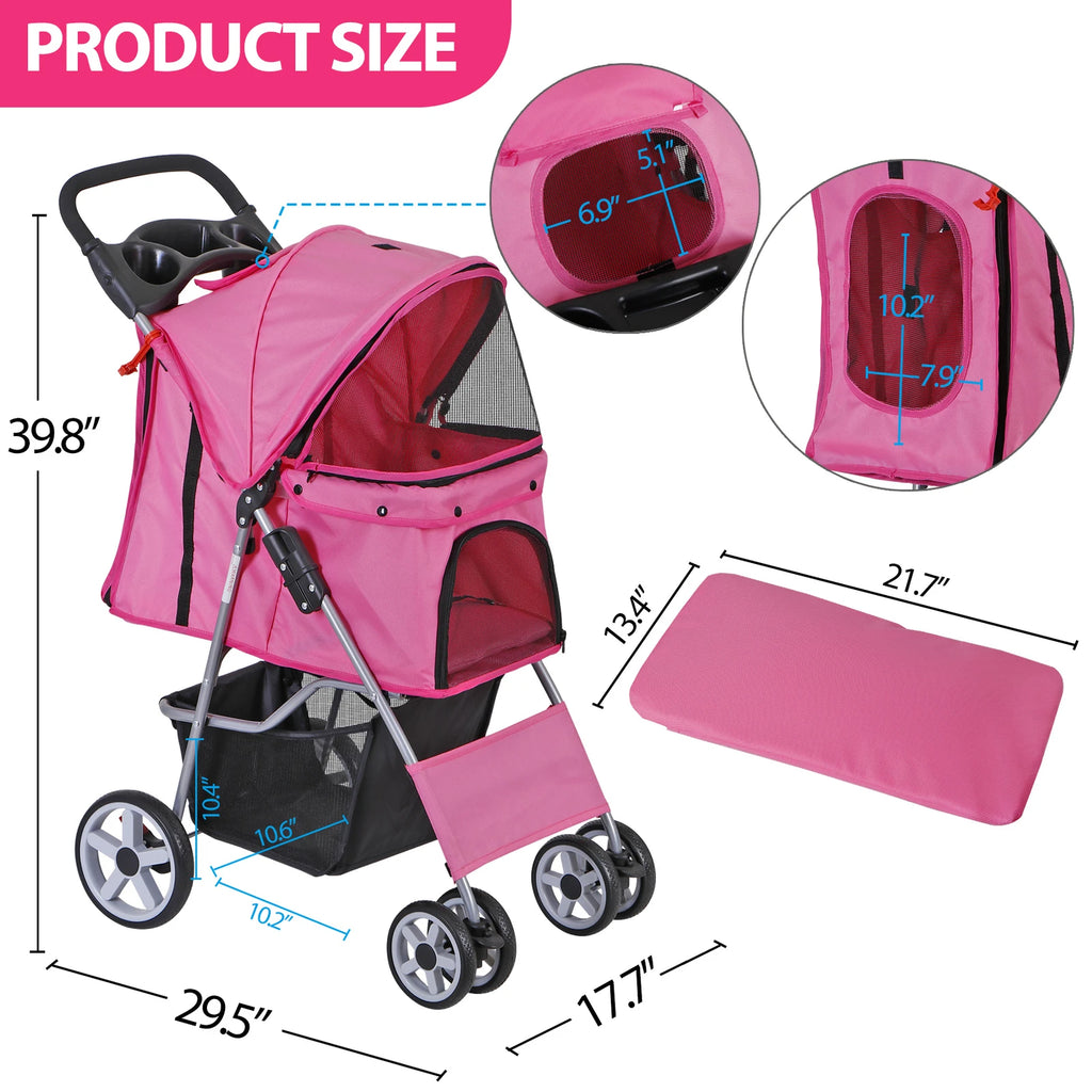 4-Wheel Foldable Pet Stroller with Storage Basket for Dogs & Cats — Lightweight Outdoor Travel Cart