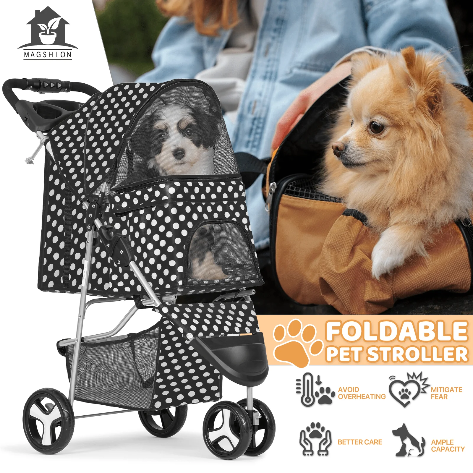 Magshion Foldable 3-Wheel Pet Jogger Stroller with Storage Basket & Cup Holder