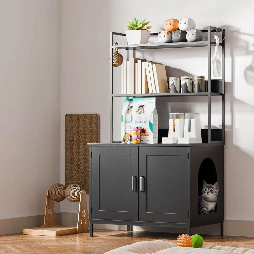 57in Wooden Litter Box Enclosure with Shelves & Hooks