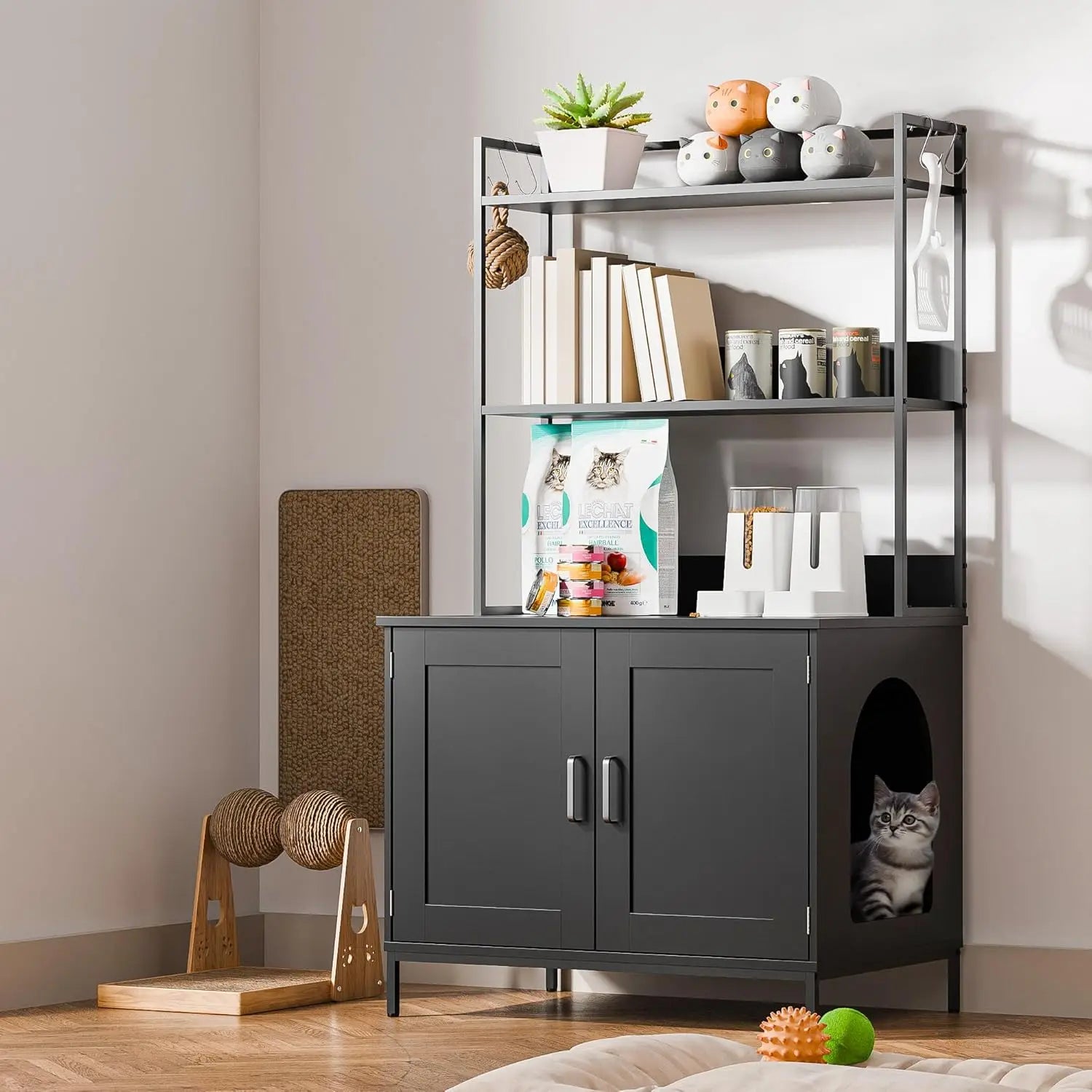 57in Wooden Litter Box Enclosure with Shelves & Hooks