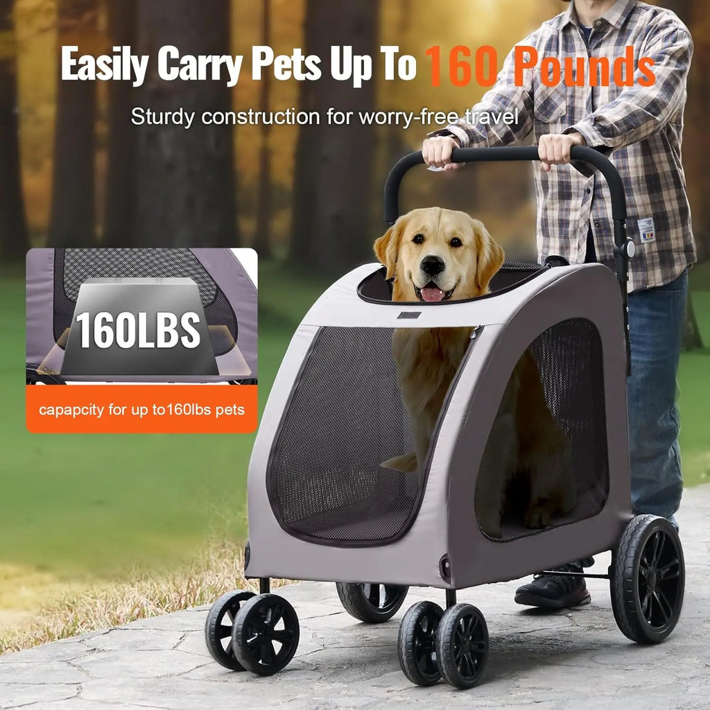 Heavy-Duty 4-Wheel Dog Carrier Stroller with Brakes — 160 lb Capacity Breathable Mesh Pet Travel Stroller