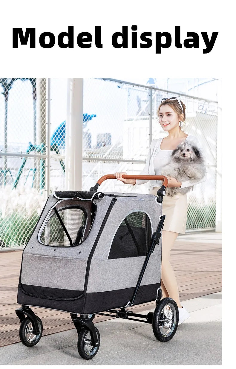 Luxury Large-Size 4-Wheel Pet Stroller with Adjustable Cage & Washable Travel Bag — Foldable