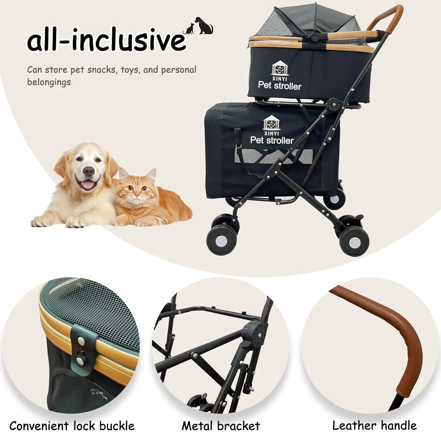 XL Double Outdoor Pet Running & Travel Stroller with Weather Cover — All-Weather Jogging Cart for Dogs & Cats