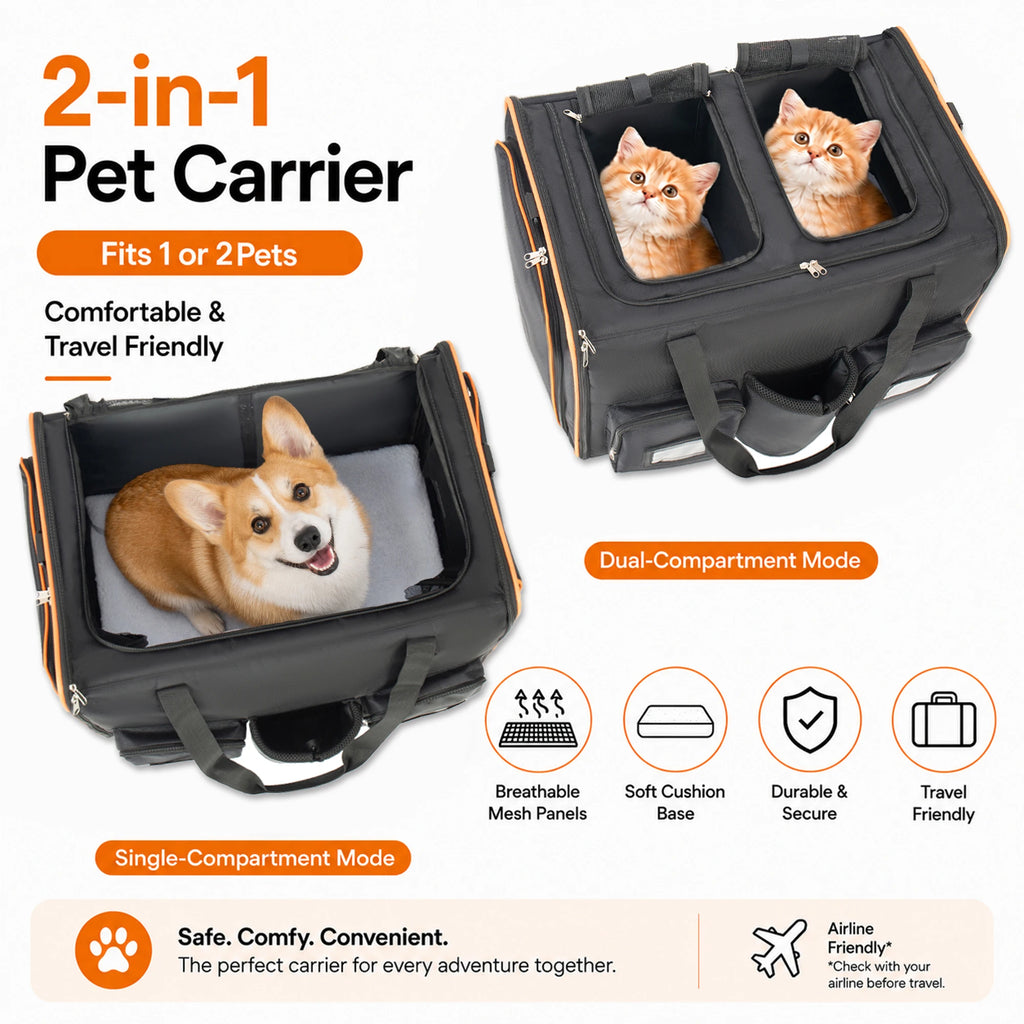Expandable Foldable Double Rolling Pet Carrier for 2 Cats with Removable Divider