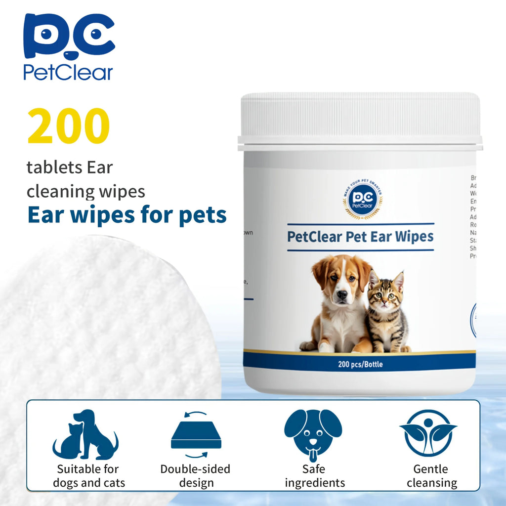 PetClaer Natural Ear Wipes — Double-Sided, Gentle Cleaning, 200-Count