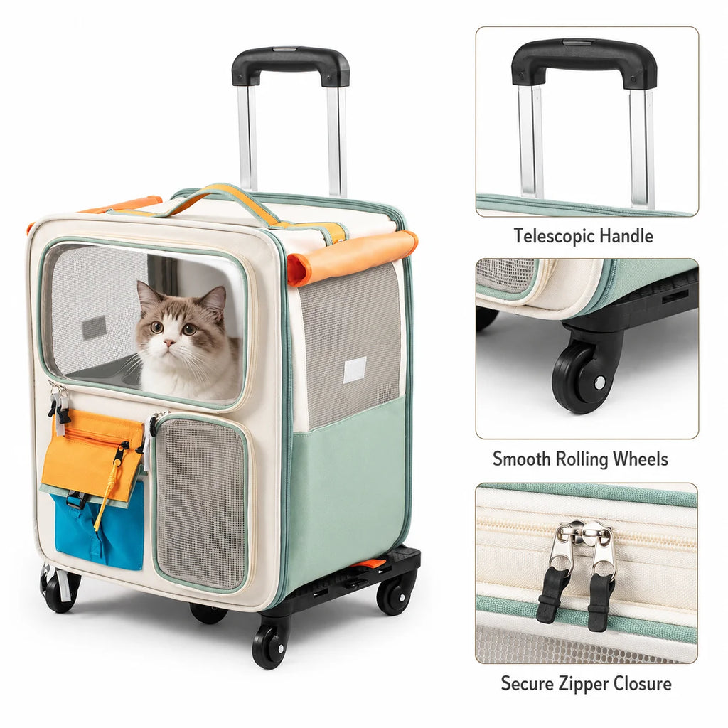 2-in-1 Rolling Cat Carrier with Wheels & Telescopic Handle — Clear Window Breathable Pet Travel Bag